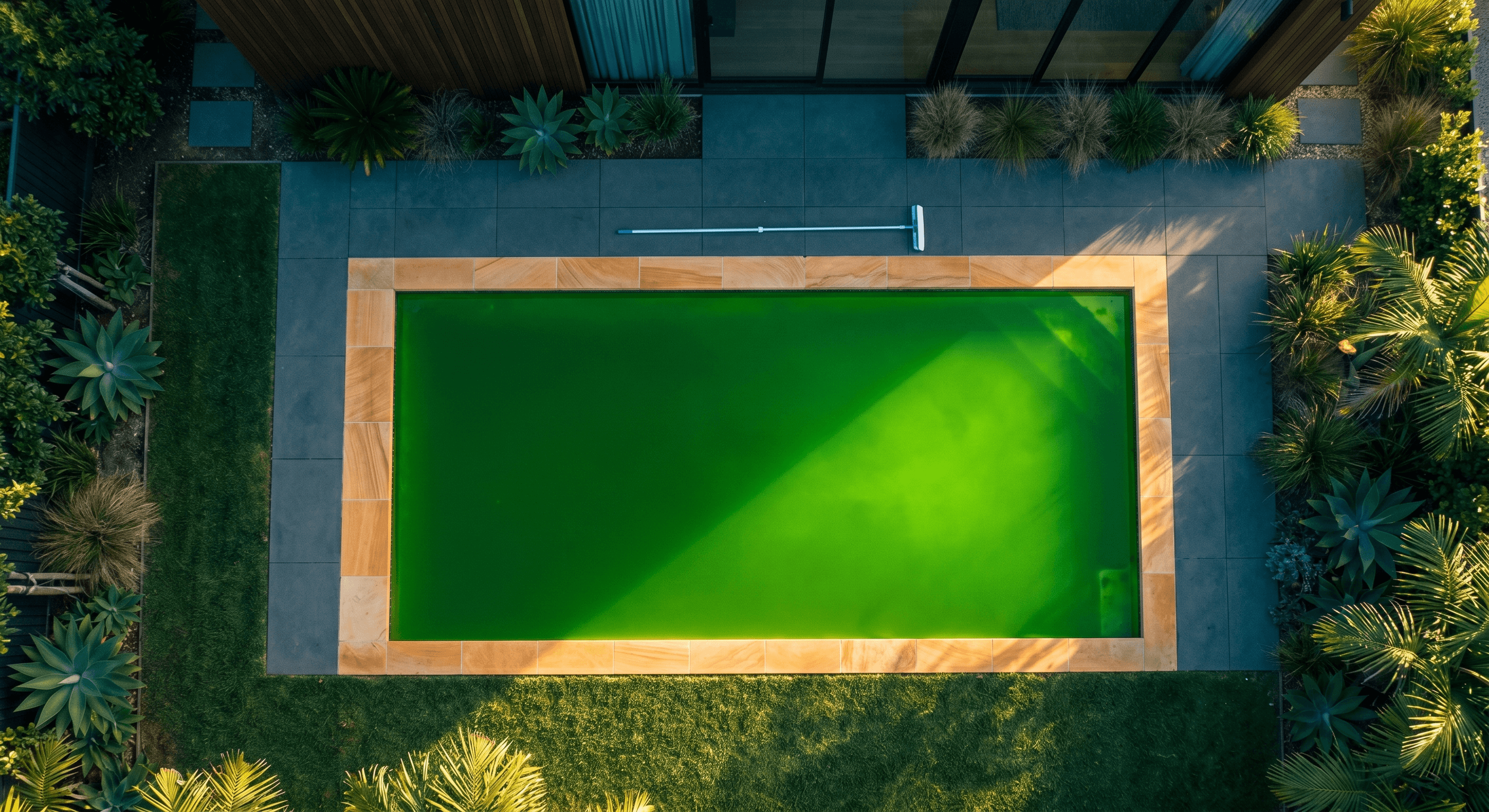Aerial view of a green swimming pool with algae bloom and a pool brush on the deck