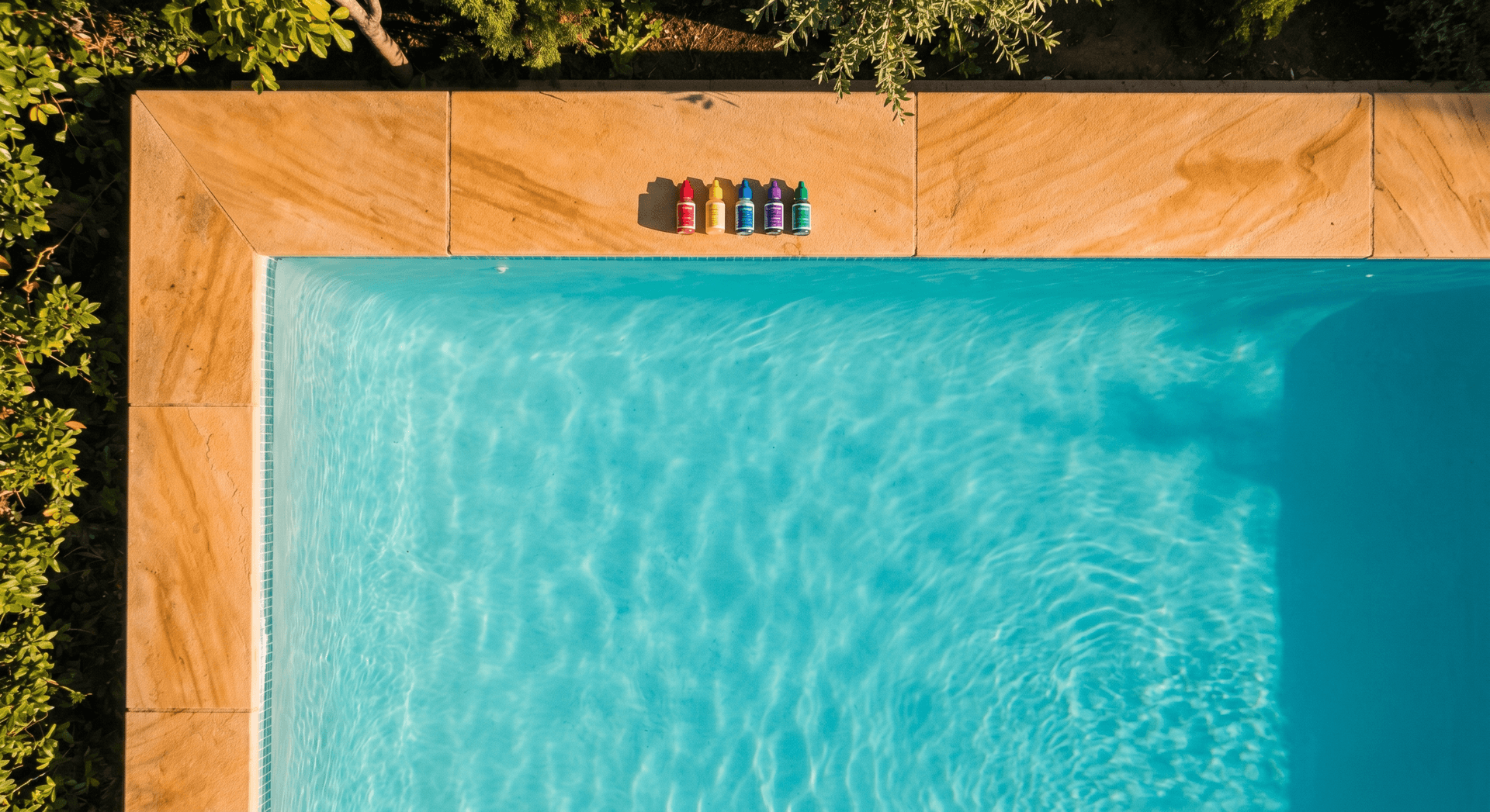 Aerial view of a pool corner with colorful reagent bottles on amber coping stones