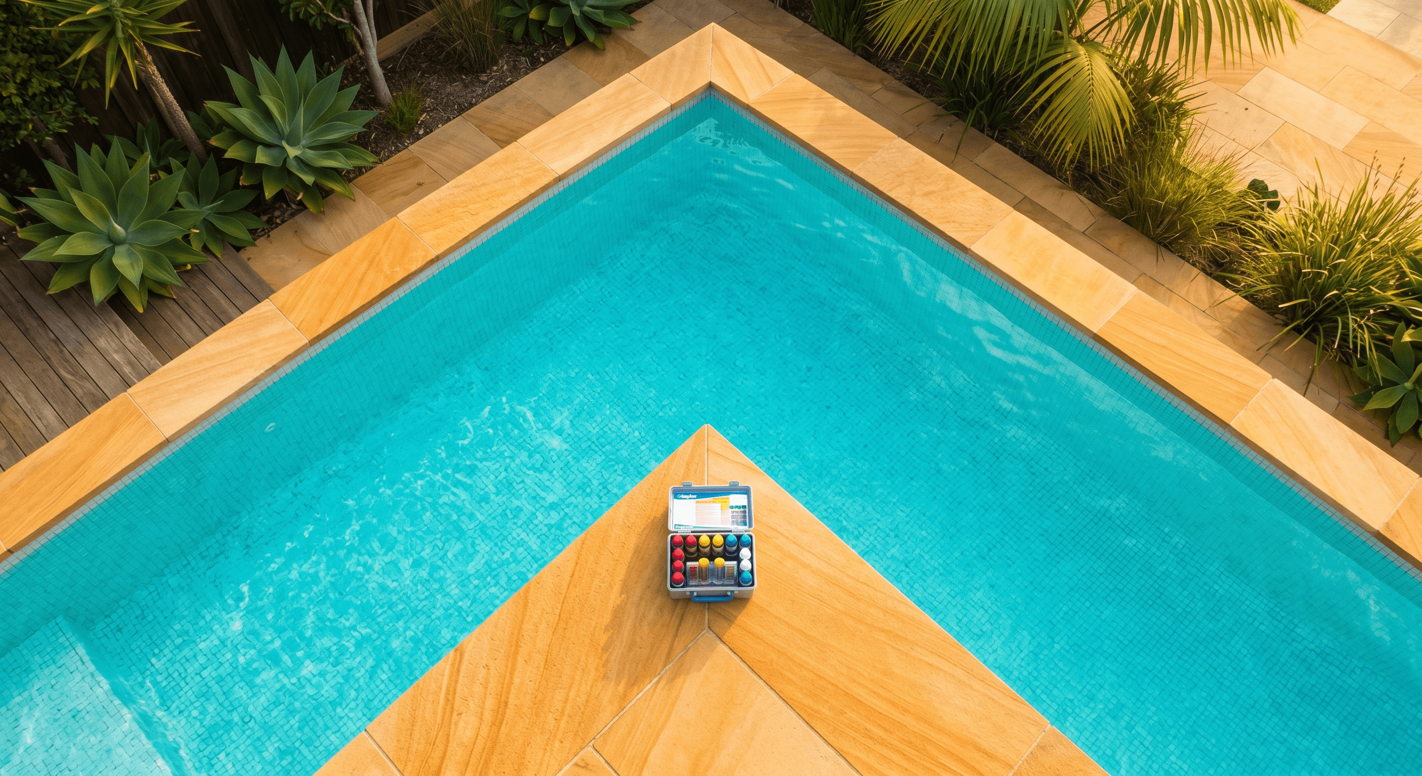 Pool corner with colorful reagent test kit bottles arranged on amber sandstone coping