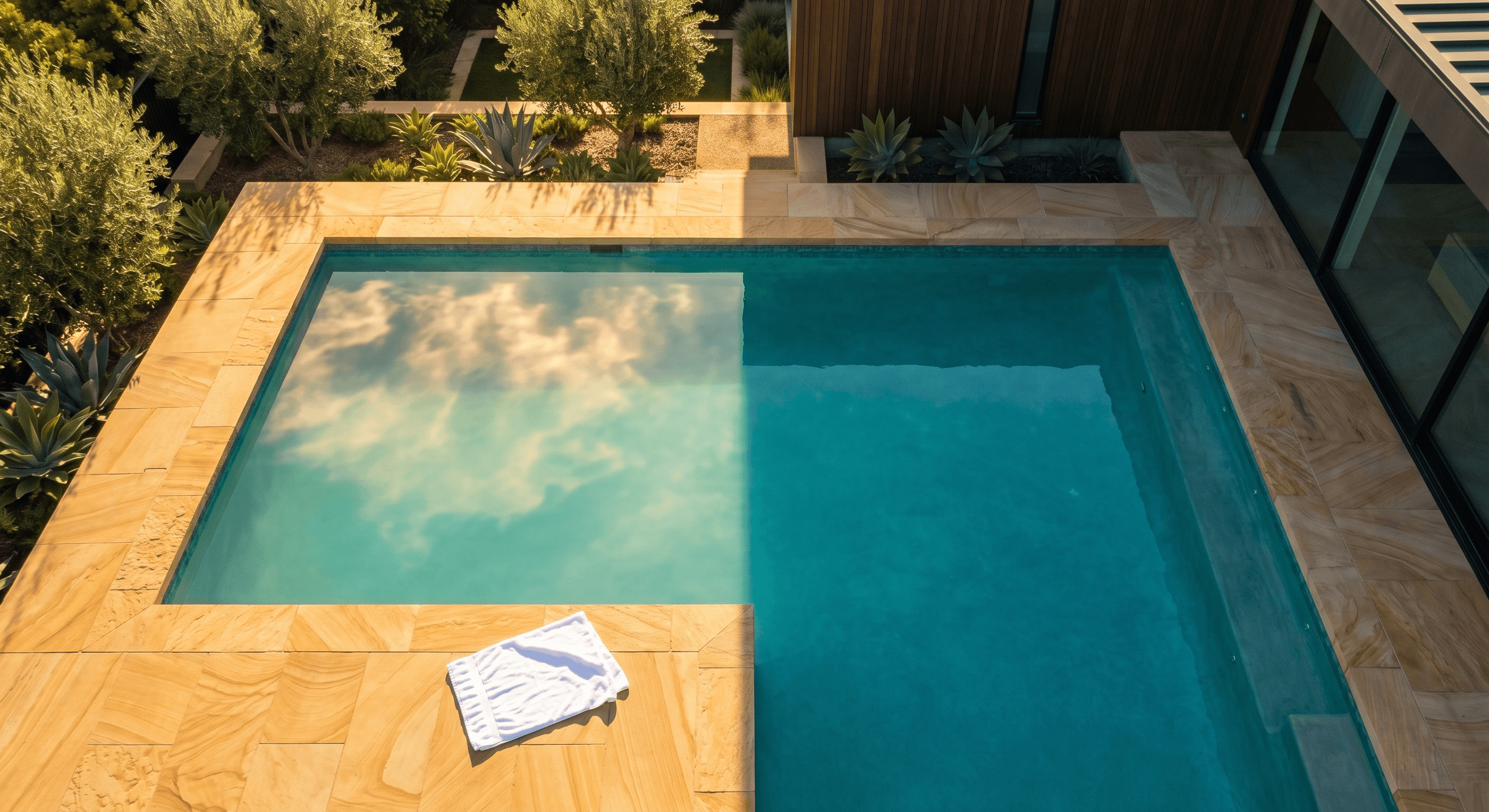 Aerial view of a still dark teal swimming pool reflecting clouds with a towel draped on the coping