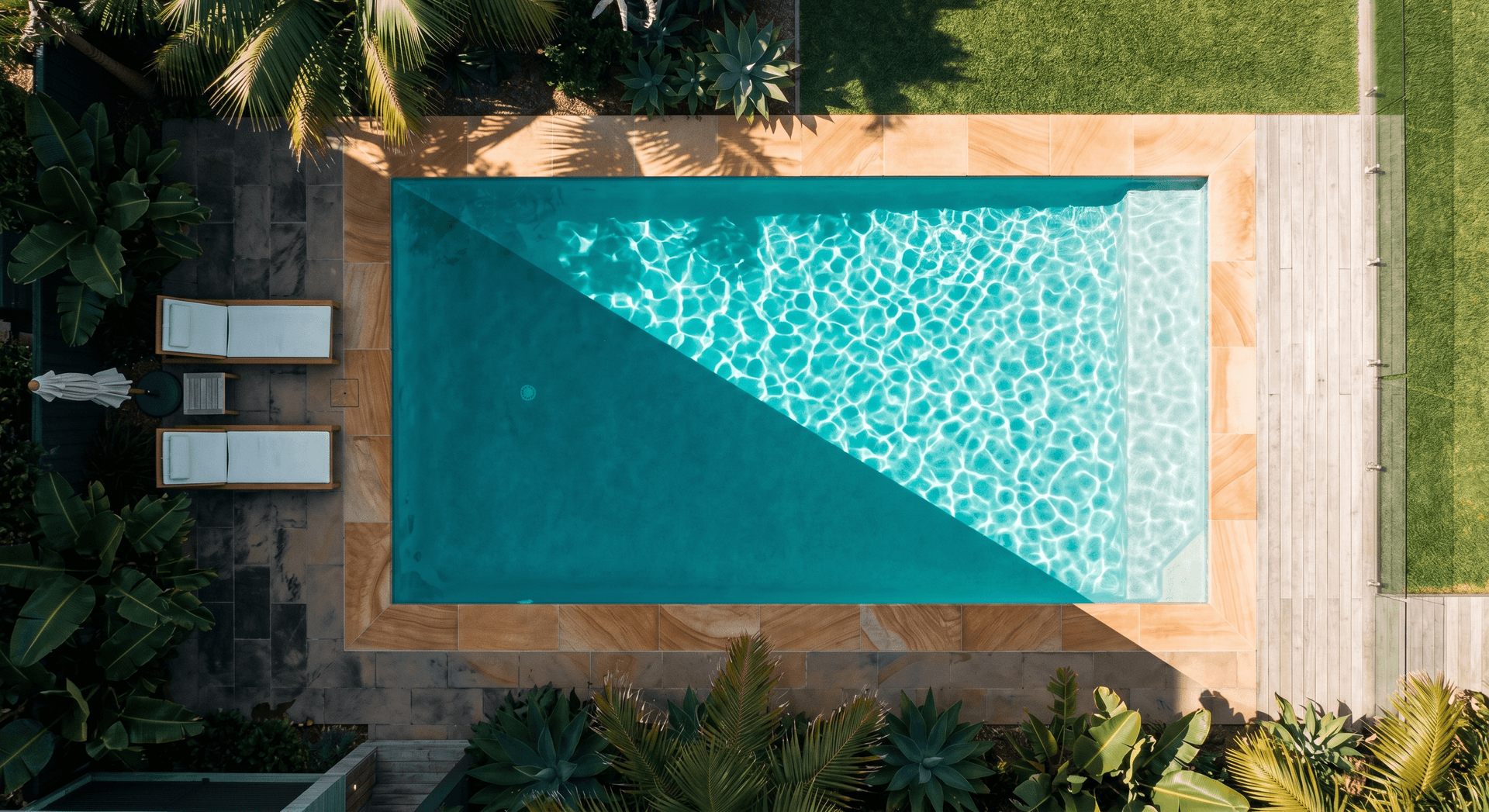 Aerial view of a swimming pool split diagonally by shadow showing sun and shade contrast